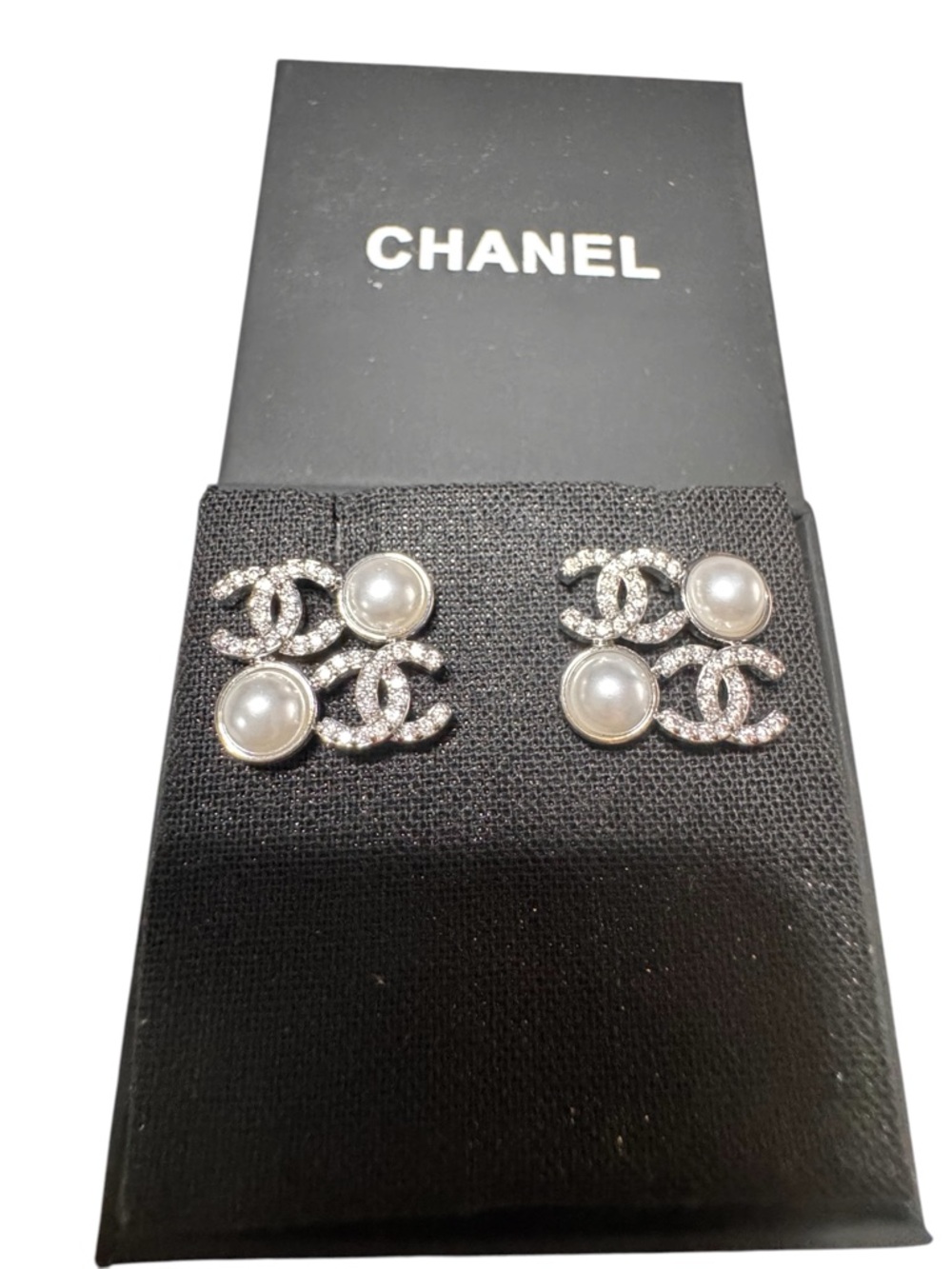 CHANEL Silver Crystal CC Logo Earrings with White Pearls